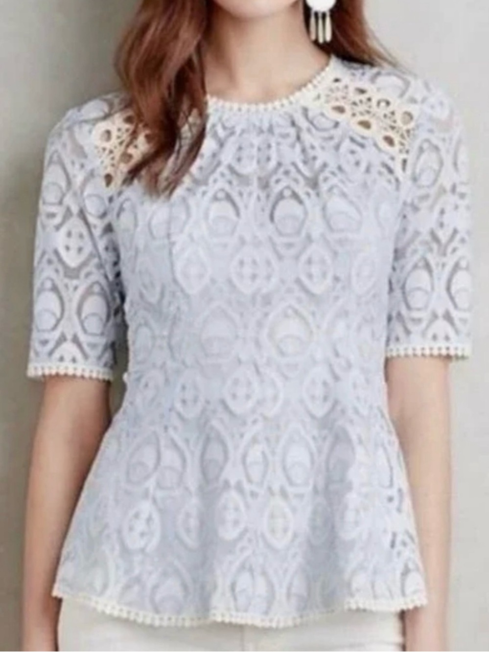 Anthropologie HD in Paris Blue Signa Lace Peplum Top Women's Size 10 H14077